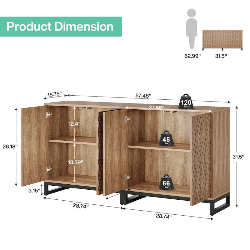 57.5-Inch Farmhouse Style Buffet Cabinet with Doors for Kitchen Storage 6
