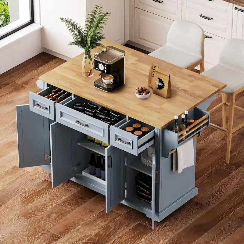 54-Inch Large Kitchen Island with Rubberwood Drop Leaf, Embossed Texture, Rolling Cart on 4 Wheels, Featuring 4 Doors and 3 Drawers 30
