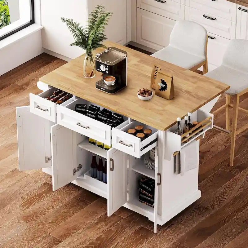 54-Inch Large Kitchen Island with Rubberwood Drop Leaf, Embossed Texture, Rolling Cart on 4 Wheels, Featuring 4 Doors and 3 Drawers 31