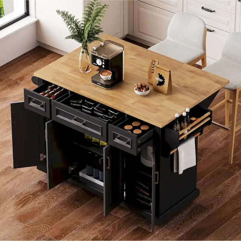 54-Inch Large Kitchen Island with Rubberwood Drop Leaf, Embossed Texture, Rolling Cart on 4 Wheels, Featuring 4 Doors and 3 Drawers 32