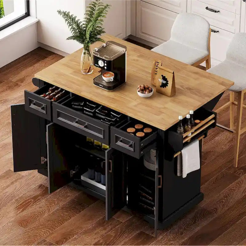 54-Inch Large Kitchen Island with Rubberwood Drop Leaf, Embossed Texture, Rolling Cart on 4 Wheels, Featuring 4 Doors and 3 Drawers 1