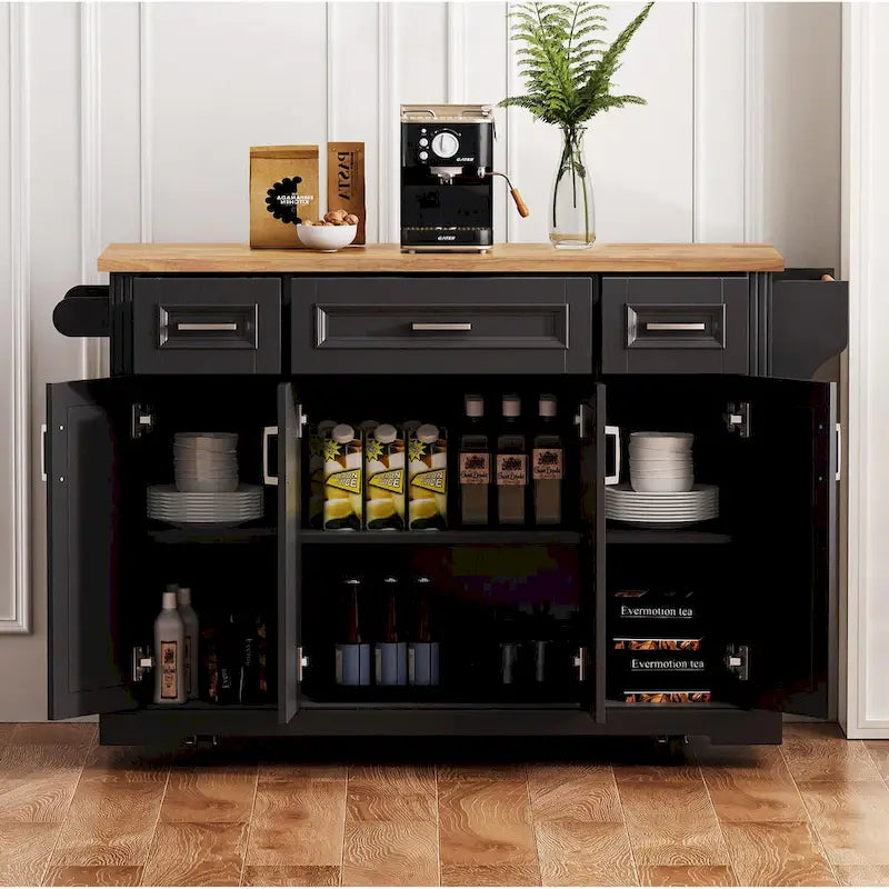 54-Inch Large Kitchen Island with Rubberwood Drop Leaf, Embossed Texture, Rolling Cart on 4 Wheels, Featuring 4 Doors and 3 Drawers 2