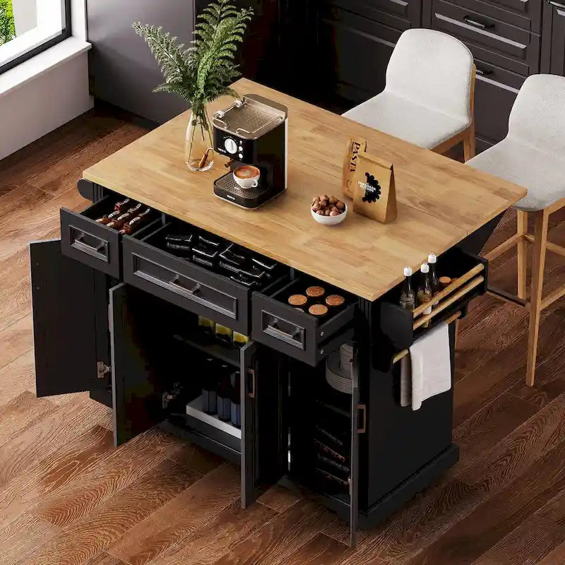 54-Inch Large Kitchen Island with Rubberwood Drop Leaf, Embossed Texture, Rolling Cart on 4 Wheels, Featuring 4 Doors and 3 Drawers 3