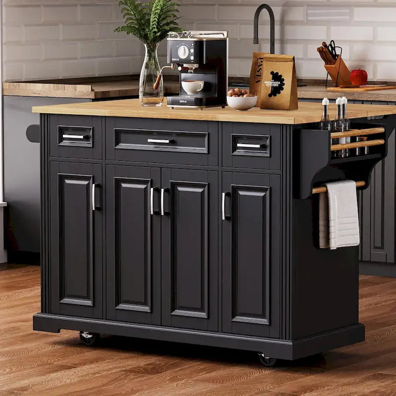54-Inch Large Kitchen Island with Rubberwood Drop Leaf, Embossed Texture, Rolling Cart on 4 Wheels, Featuring 4 Doors and 3 Drawers 4