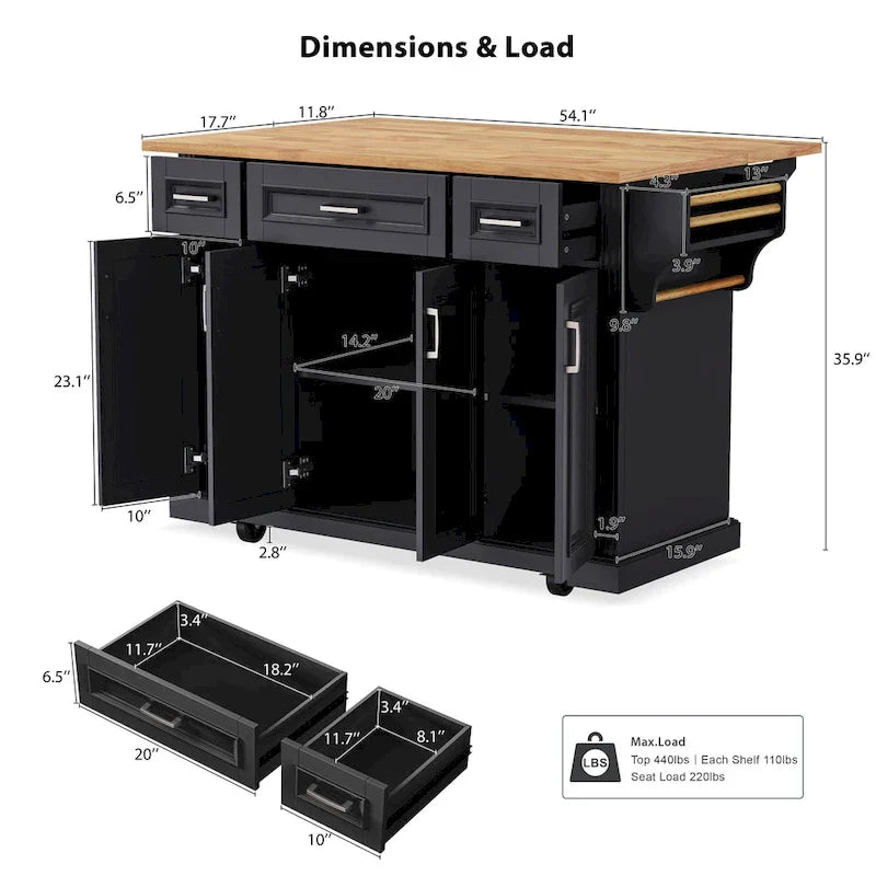 54-Inch Large Kitchen Island with Rubberwood Drop Leaf, Embossed Texture, Rolling Cart on 4 Wheels, Featuring 4 Doors and 3 Drawers 5