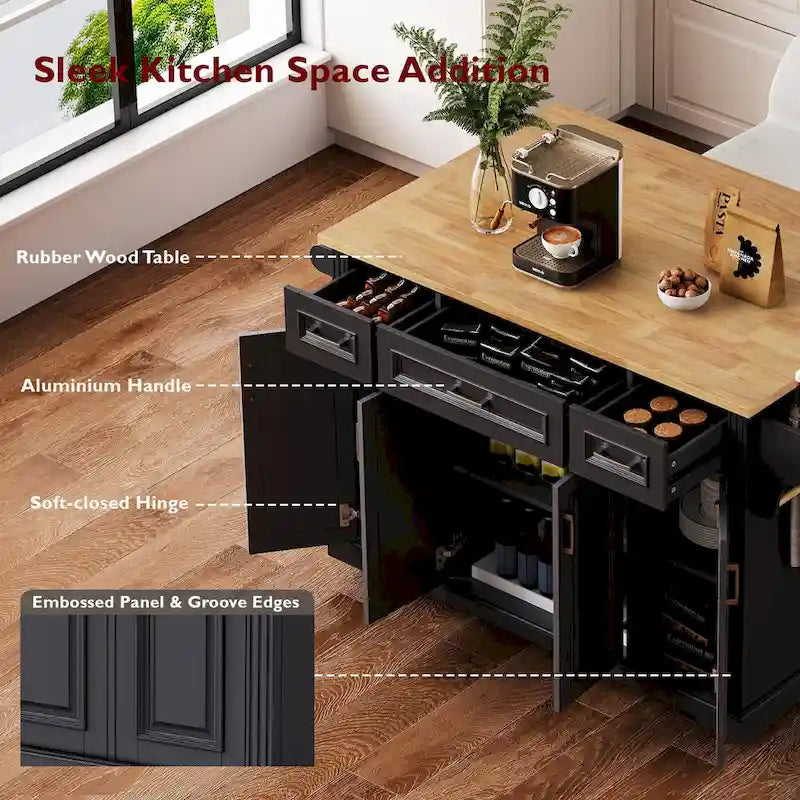 54-Inch Large Kitchen Island with Rubberwood Drop Leaf, Embossed Texture, Rolling Cart on 4 Wheels, Featuring 4 Doors and 3 Drawers 6