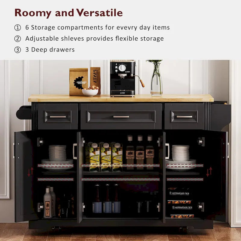 54-Inch Large Kitchen Island with Rubberwood Drop Leaf, Embossed Texture, Rolling Cart on 4 Wheels, Featuring 4 Doors and 3 Drawers 7