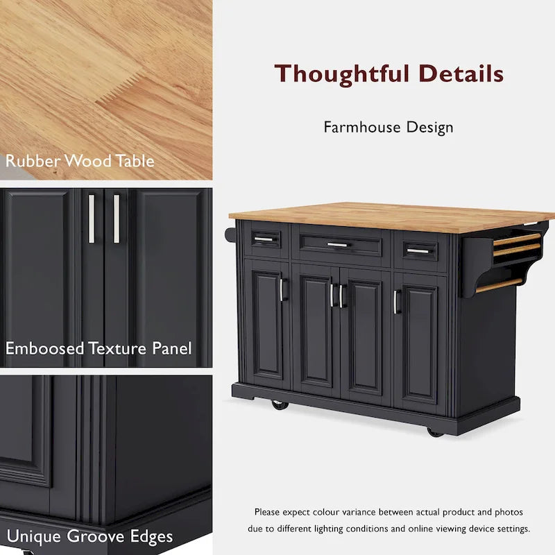 54-Inch Large Kitchen Island with Rubberwood Drop Leaf, Embossed Texture, Rolling Cart on 4 Wheels, Featuring 4 Doors and 3 Drawers 8