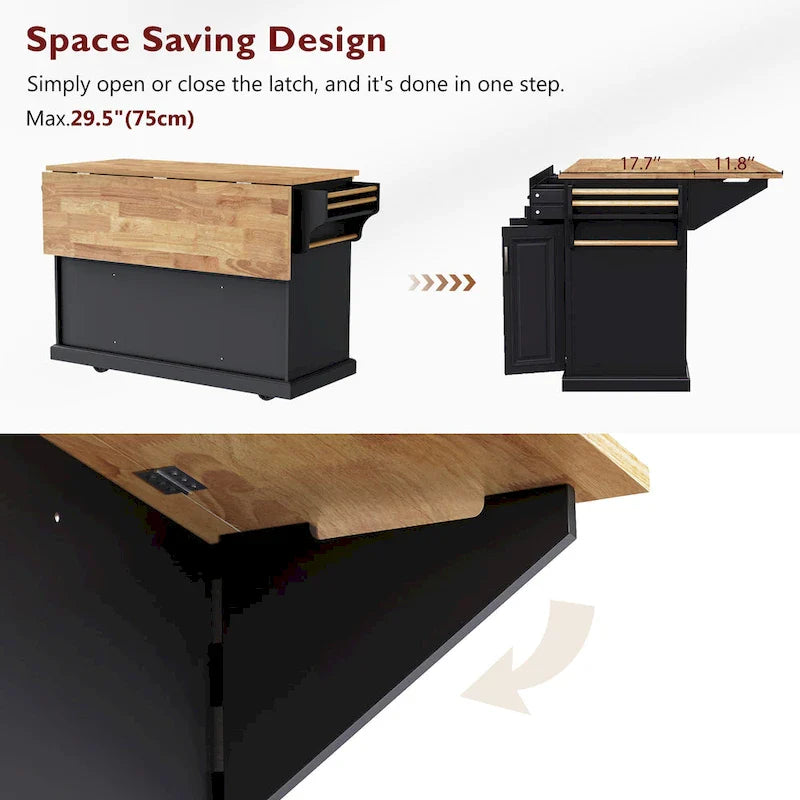 54-Inch Large Kitchen Island with Rubberwood Drop Leaf, Embossed Texture, Rolling Cart on 4 Wheels, Featuring 4 Doors and 3 Drawers 9