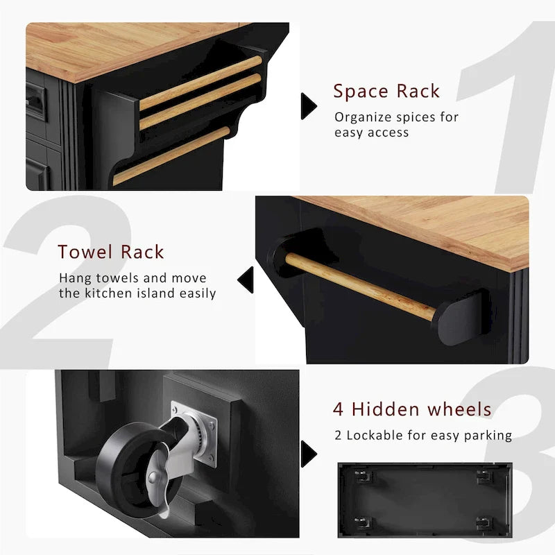 54-Inch Large Kitchen Island with Rubberwood Drop Leaf, Embossed Texture, Rolling Cart on 4 Wheels, Featuring 4 Doors and 3 Drawers 10