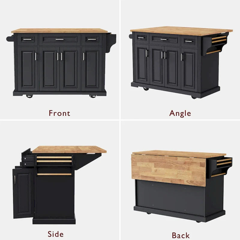 54-Inch Large Kitchen Island with Rubberwood Drop Leaf, Embossed Texture, Rolling Cart on 4 Wheels, Featuring 4 Doors and 3 Drawers 11