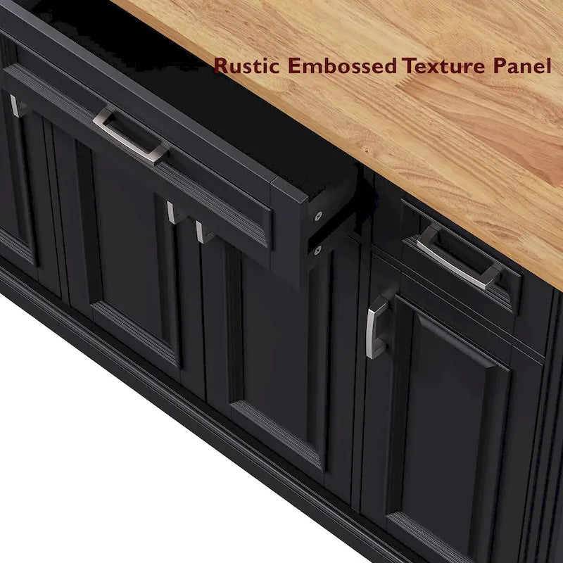 54-Inch Large Kitchen Island with Rubberwood Drop Leaf, Embossed Texture, Rolling Cart on 4 Wheels, Featuring 4 Doors and 3 Drawers 12