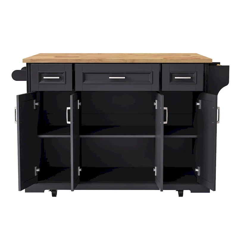 54-Inch Large Kitchen Island with Rubberwood Drop Leaf, Embossed Texture, Rolling Cart on 4 Wheels, Featuring 4 Doors and 3 Drawers 13
