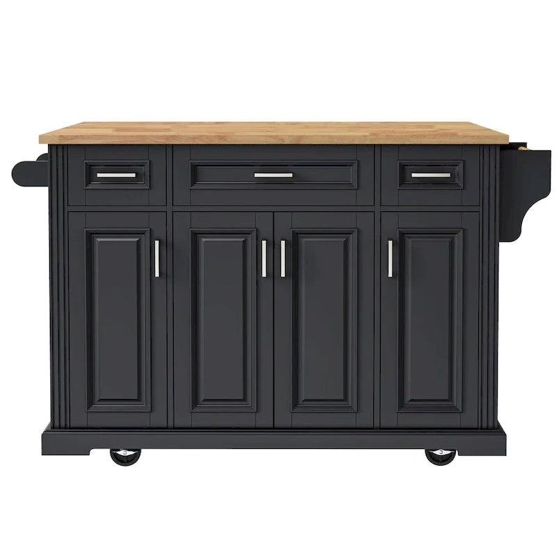 54-Inch Large Kitchen Island with Rubberwood Drop Leaf, Embossed Texture, Rolling Cart on 4 Wheels, Featuring 4 Doors and 3 Drawers 14