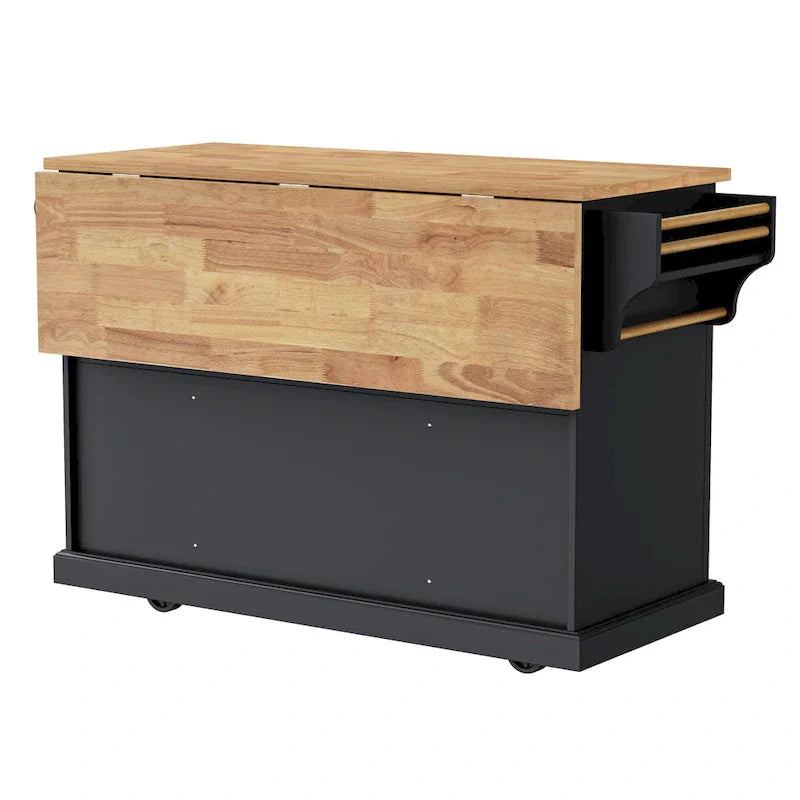 54-Inch Large Kitchen Island with Rubberwood Drop Leaf, Embossed Texture, Rolling Cart on 4 Wheels, Featuring 4 Doors and 3 Drawers 17