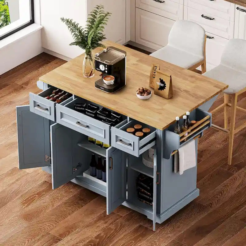 54-Inch Large Kitchen Island with Rubberwood Drop Leaf, Embossed Texture, Rolling Cart on 4 Wheels, Featuring 4 Doors and 3 Drawers 21