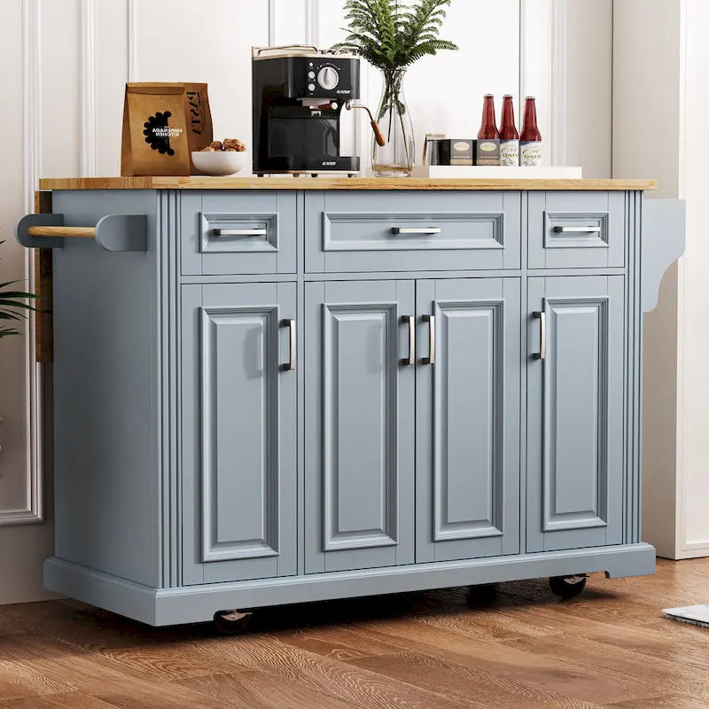 54-Inch Large Kitchen Island with Rubberwood Drop Leaf, Embossed Texture, Rolling Cart on 4 Wheels, Featuring 4 Doors and 3 Drawers 22