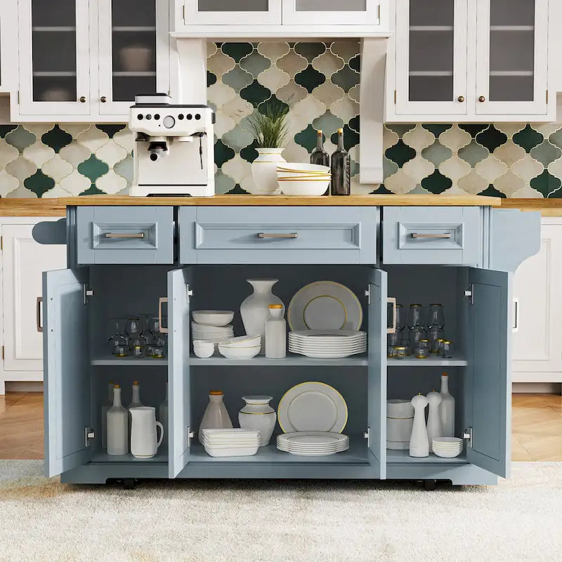 54-Inch Large Kitchen Island with Rubberwood Drop Leaf, Embossed Texture, Rolling Cart on 4 Wheels, Featuring 4 Doors and 3 Drawers 23