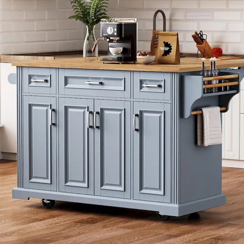 54-Inch Large Kitchen Island with Rubberwood Drop Leaf, Embossed Texture, Rolling Cart on 4 Wheels, Featuring 4 Doors and 3 Drawers 24