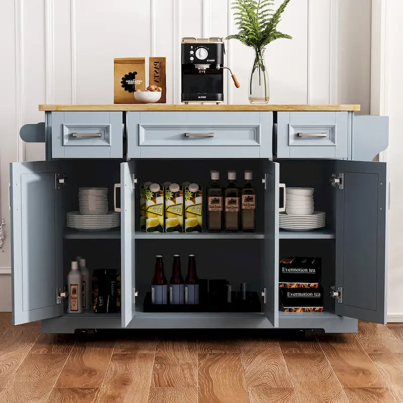 54-Inch Large Kitchen Island with Rubberwood Drop Leaf, Embossed Texture, Rolling Cart on 4 Wheels, Featuring 4 Doors and 3 Drawers 25