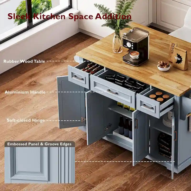 54-Inch Large Kitchen Island with Rubberwood Drop Leaf, Embossed Texture, Rolling Cart on 4 Wheels, Featuring 4 Doors and 3 Drawers 26