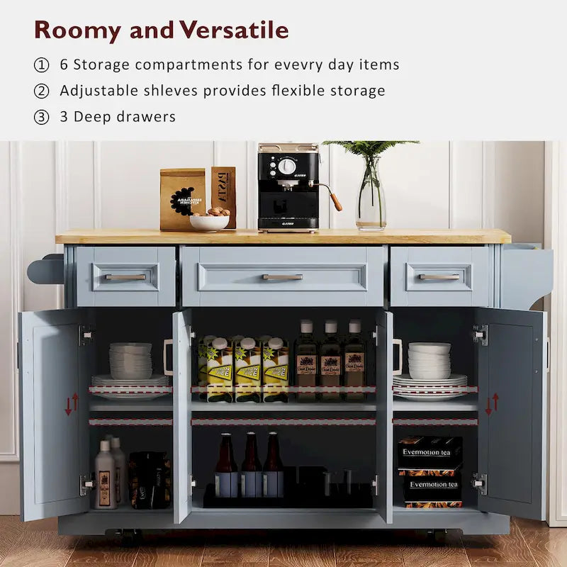 54-Inch Large Kitchen Island with Rubberwood Drop Leaf, Embossed Texture, Rolling Cart on 4 Wheels, Featuring 4 Doors and 3 Drawers 27