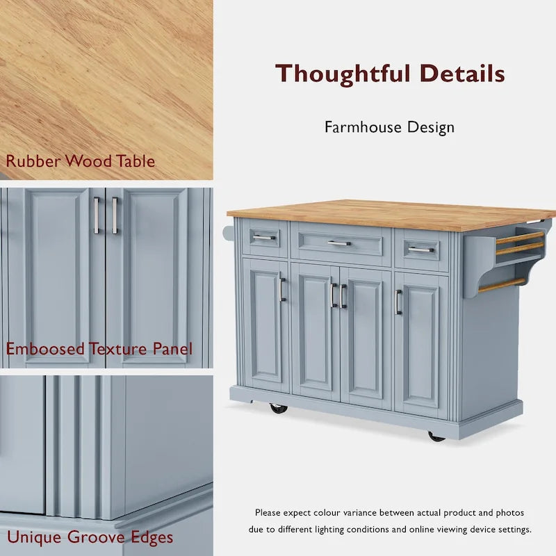 54-Inch Large Kitchen Island with Rubberwood Drop Leaf, Embossed Texture, Rolling Cart on 4 Wheels, Featuring 4 Doors and 3 Drawers 28