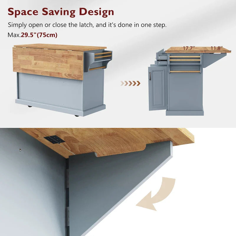54-Inch Large Kitchen Island with Rubberwood Drop Leaf, Embossed Texture, Rolling Cart on 4 Wheels, Featuring 4 Doors and 3 Drawers 29