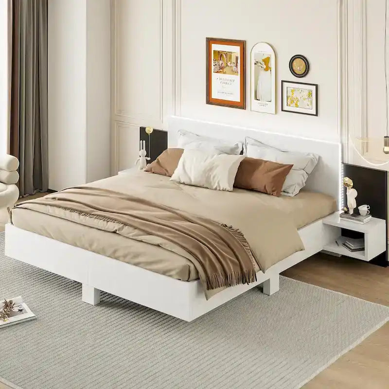 Modern King Size Wooden Floating Bed Frame with Nightstand and LED - Slatted Support Design 29