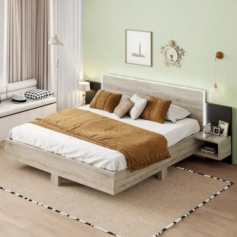 Modern King Size Wooden Floating Bed Frame with Nightstand and LED - Slatted Support Design 30