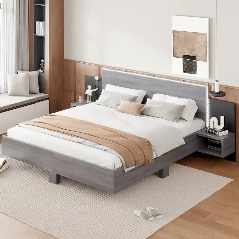 Modern King Size Wooden Floating Bed Frame with Nightstand and LED - Slatted Support Design 31