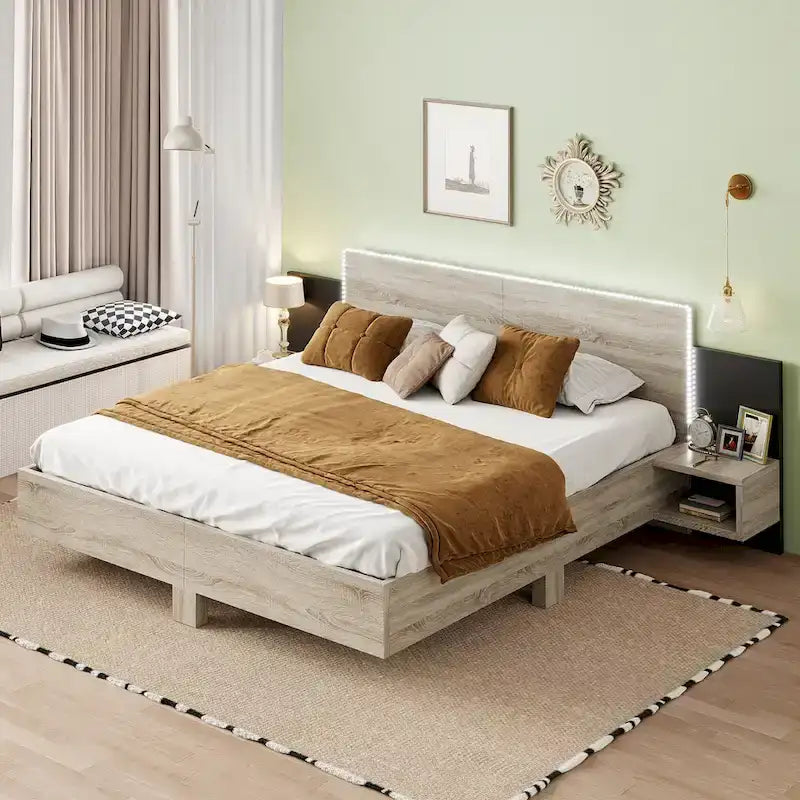 Modern King Size Wooden Floating Bed Frame with Nightstand and LED - Slatted Support Design 1