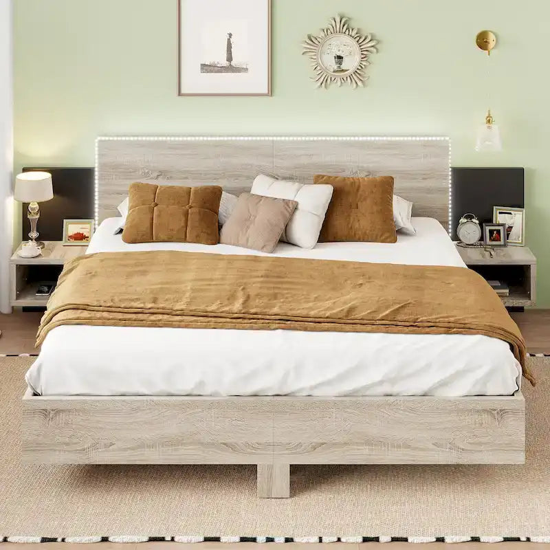 Modern King Size Wooden Floating Bed Frame with Nightstand and LED - Slatted Support Design 2