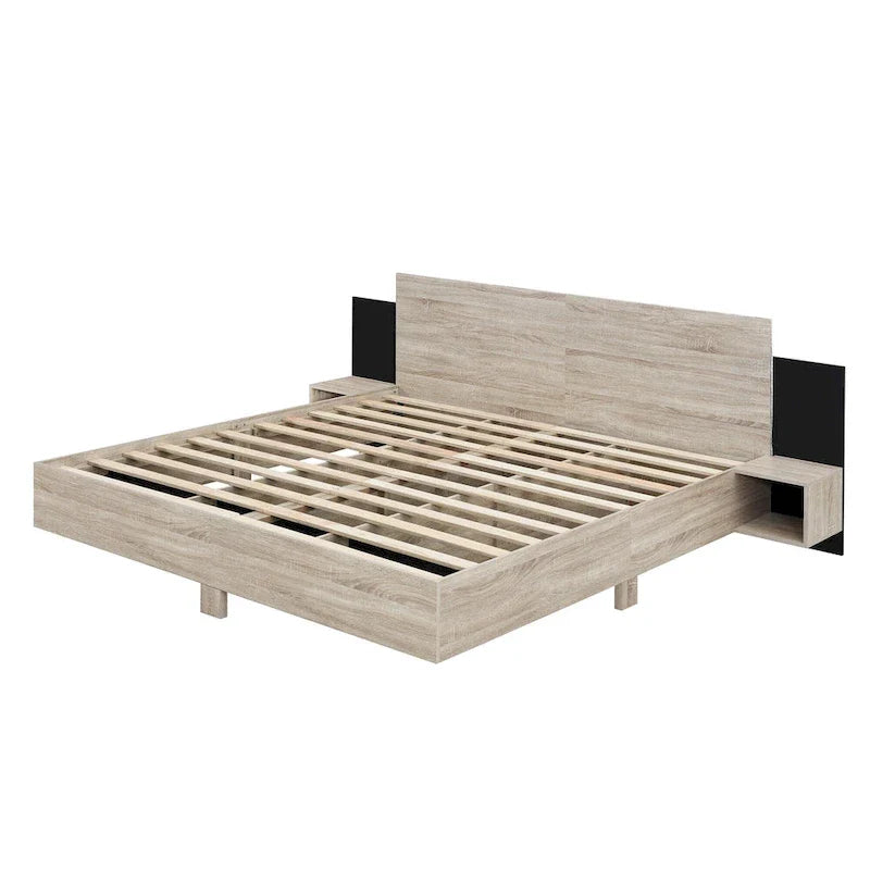 Modern King Size Wooden Floating Bed Frame with Nightstand and LED - Slatted Support Design 3