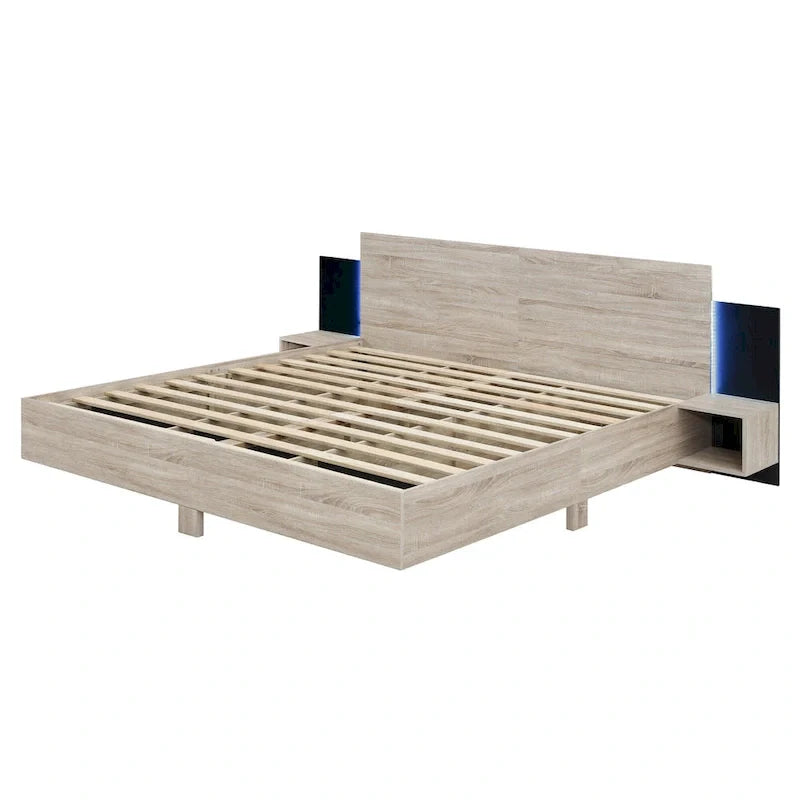 Modern King Size Wooden Floating Bed Frame with Nightstand and LED - Slatted Support Design 4
