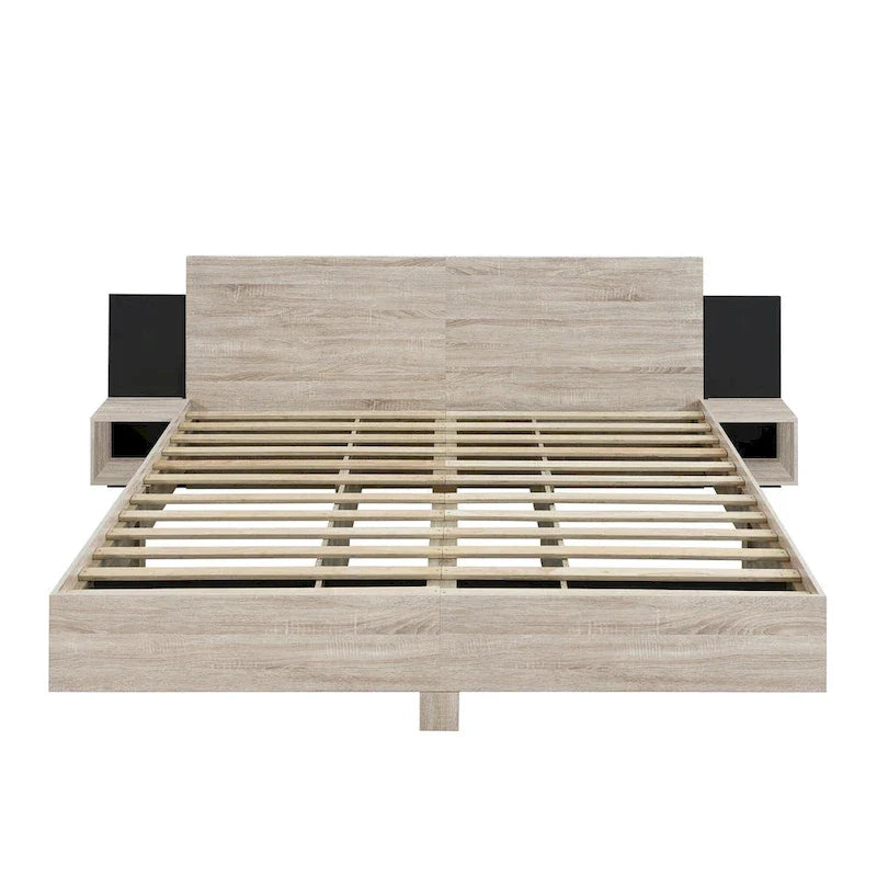 Modern King Size Wooden Floating Bed Frame with Nightstand and LED - Slatted Support Design 5