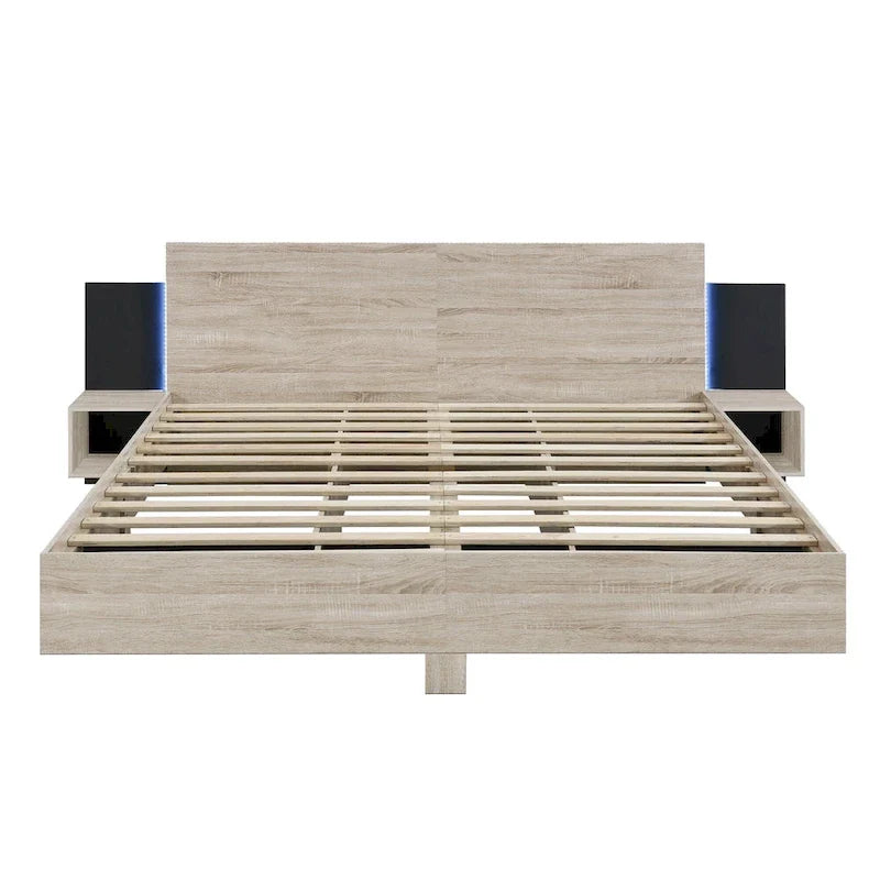 Modern King Size Wooden Floating Bed Frame with Nightstand and LED - Slatted Support Design 6