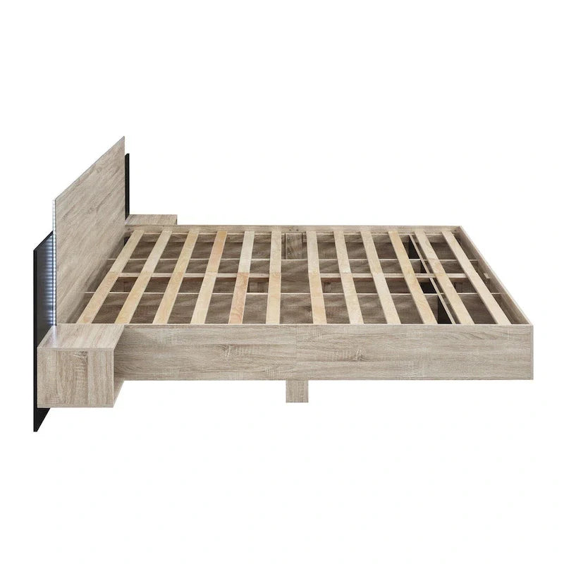 Modern King Size Wooden Floating Bed Frame with Nightstand and LED - Slatted Support Design 7