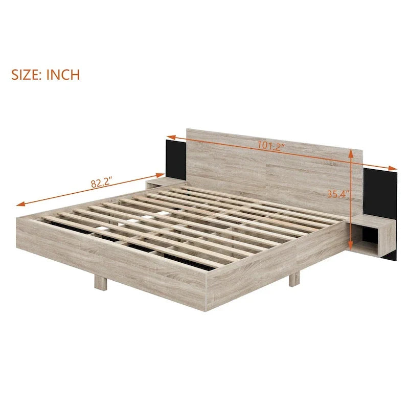 Modern King Size Wooden Floating Bed Frame with Nightstand and LED - Slatted Support Design 8