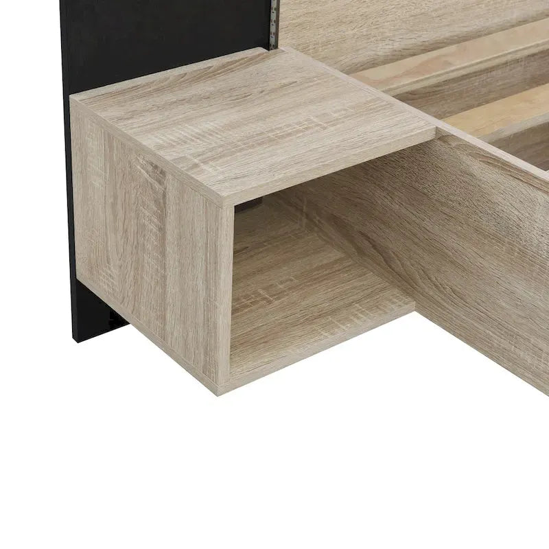Modern King Size Wooden Floating Bed Frame with Nightstand and LED - Slatted Support Design 9