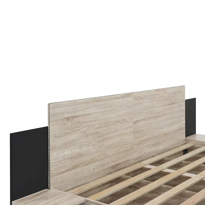 Modern King Size Wooden Floating Bed Frame with Nightstand and LED - Slatted Support Design 10