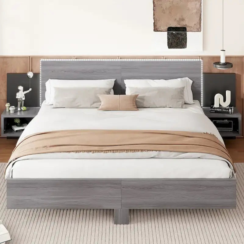 Modern King Size Wooden Floating Bed Frame with Nightstand and LED - Slatted Support Design 12