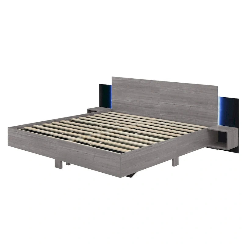 Modern King Size Wooden Floating Bed Frame with Nightstand and LED - Slatted Support Design 13