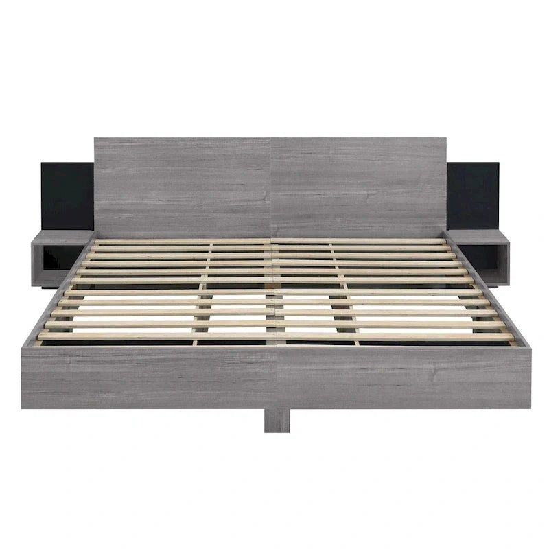 Modern King Size Wooden Floating Bed Frame with Nightstand and LED - Slatted Support Design 14