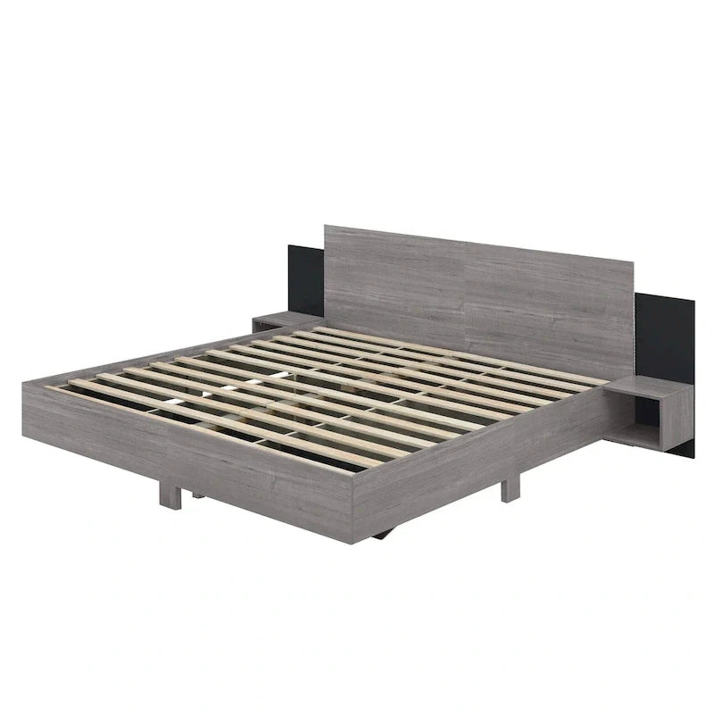Modern King Size Wooden Floating Bed Frame with Nightstand and LED - Slatted Support Design 15