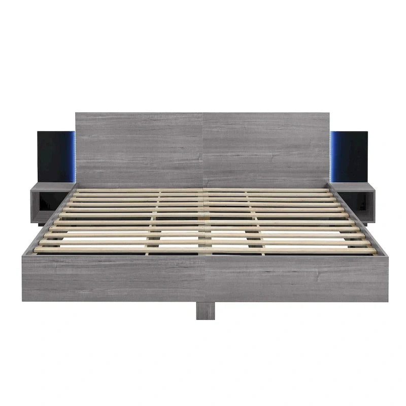 Modern King Size Wooden Floating Bed Frame with Nightstand and LED - Slatted Support Design 16