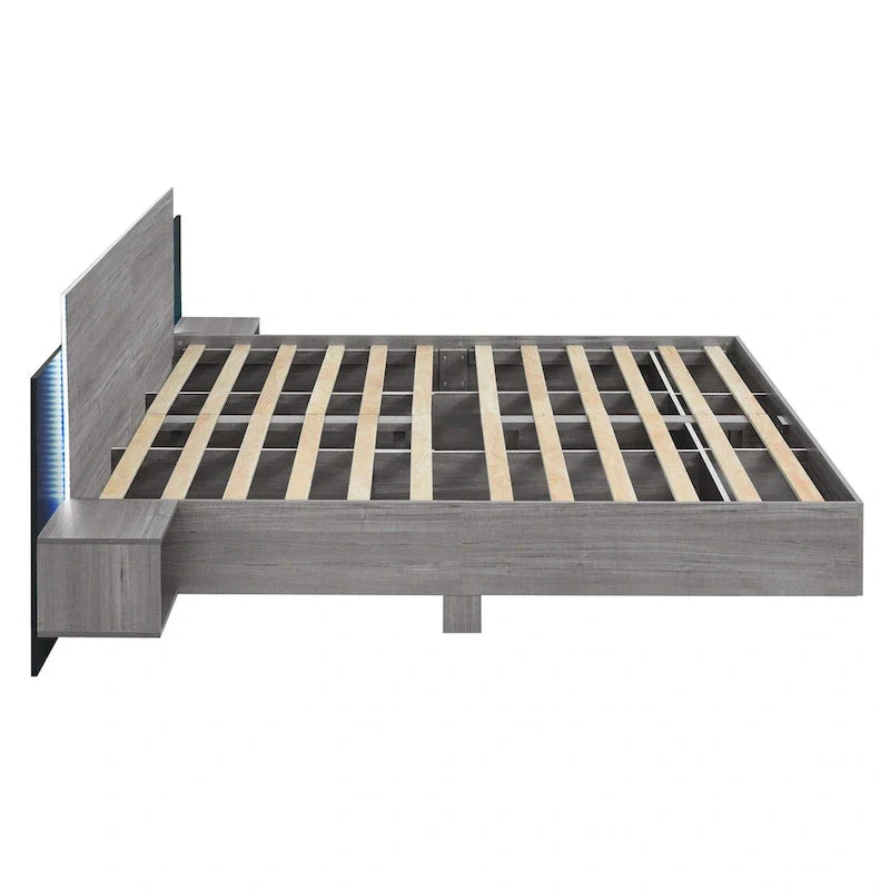 Modern King Size Wooden Floating Bed Frame with Nightstand and LED - Slatted Support Design 17
