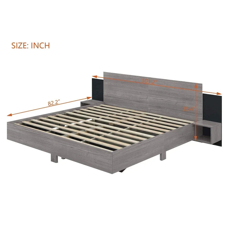 Modern King Size Wooden Floating Bed Frame with Nightstand and LED - Slatted Support Design 18