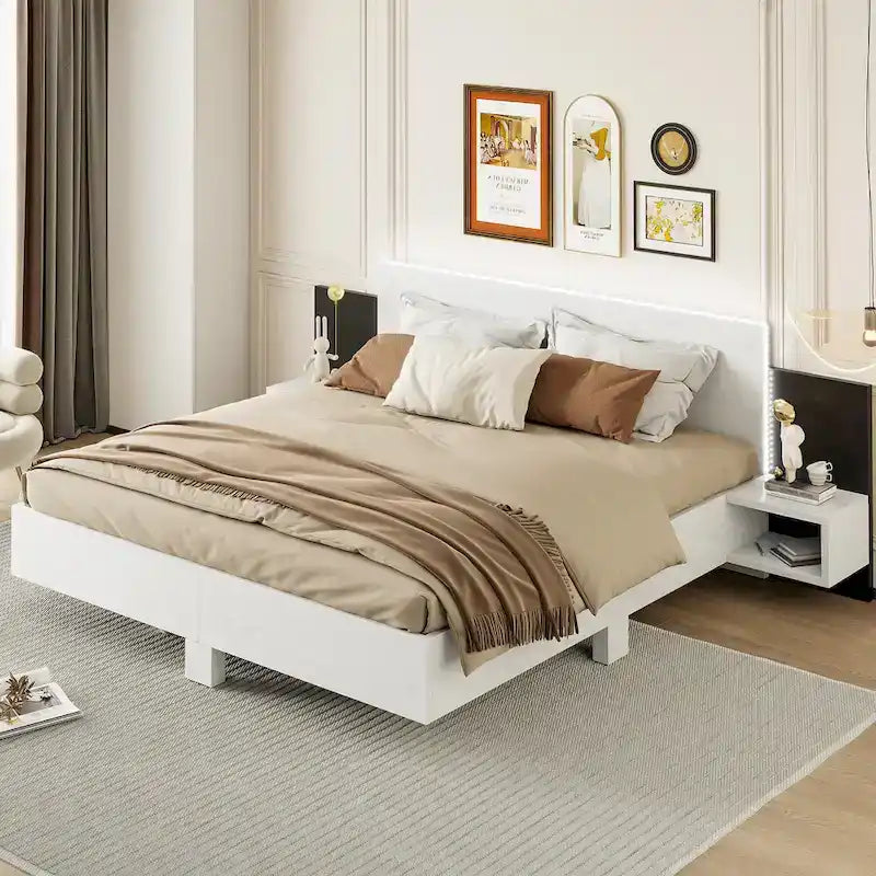 Modern King Size Wooden Floating Bed Frame with Nightstand and LED - Slatted Support Design 19