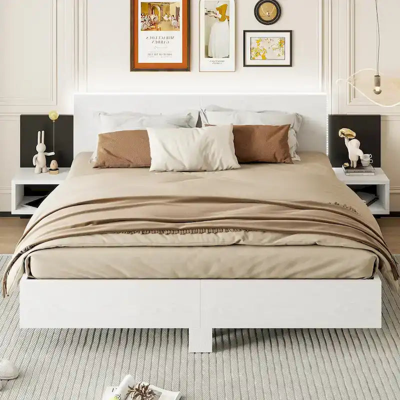 Modern King Size Wooden Floating Bed Frame with Nightstand and LED - Slatted Support Design 20